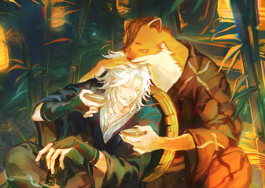 2boys, alcohol, bamboo, beard, black_gloves, black_kimono, bridal_gauntlets, brown_hair