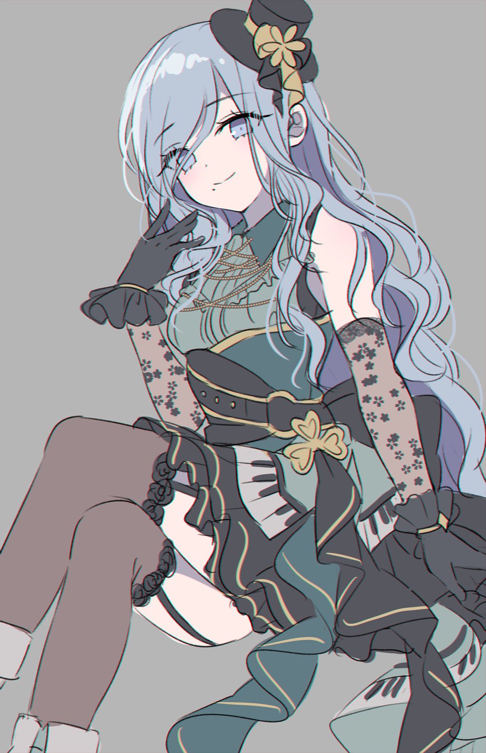 1girl, black_flower, black_gloves, black_headwear, black_rose, black_skirt, black_thighhighs, blue_eyes