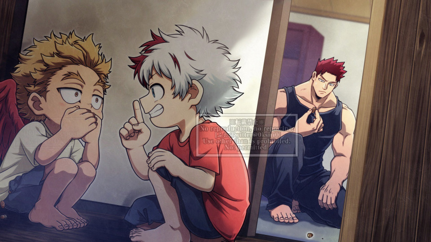 0ksiri0, 3boys, angel_wings, barefoot, black_pants, black_tank_top, blonde_hair, blue_shorts