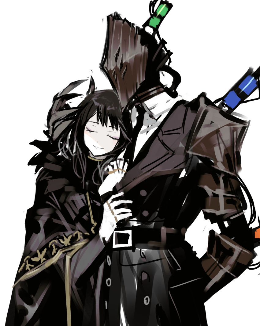 1boy, 1girl, baral_(library_of_ruina), black_cape, black_coat, black_dress, black_hair, black_necktie, buttons, cape, closed_eyes, closed_mouth, coat, collared_shirt, double-breasted, dress, feather-trimmed_coat, gauntlets, gold_trim, head_on_another's_shoulder, helmet, highres, jewelry, library_of_ruina, long_sleeves, medium_hair, multiple_rings, necktie, project_moon, remsrar, ring, shirt, simple_background, syringe, white_background, white_shirt, zena_(library_of_ruina)