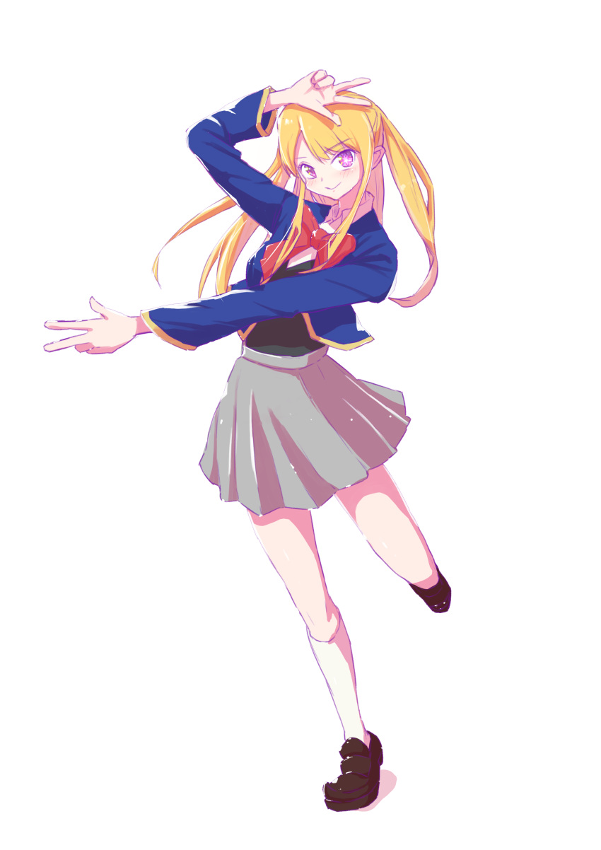 1girl, absurdres, arm_up, black_vest, blonde_hair, blue_jacket, blush, bow, bowtie, brown_footwear, closed_mouth, collared_shirt, cropped_jacket, double_v, full_body, grey_skirt, highres, hoshino_ruby, jacket, kaneko_ryou, kneehighs, loafers, long_hair, long_sleeves, looking_at_viewer, mismatched_pupils, one_side_up, oshi_no_ko, pink_eyes, pleated_skirt, red_bow, red_bowtie, school_uniform, shirt, shoes, sidelocks, simple_background, skirt, socks, solo, star-shaped_pupils, star_(symbol), symbol-shaped_pupils, v, vest, white_background, white_shirt, white_socks