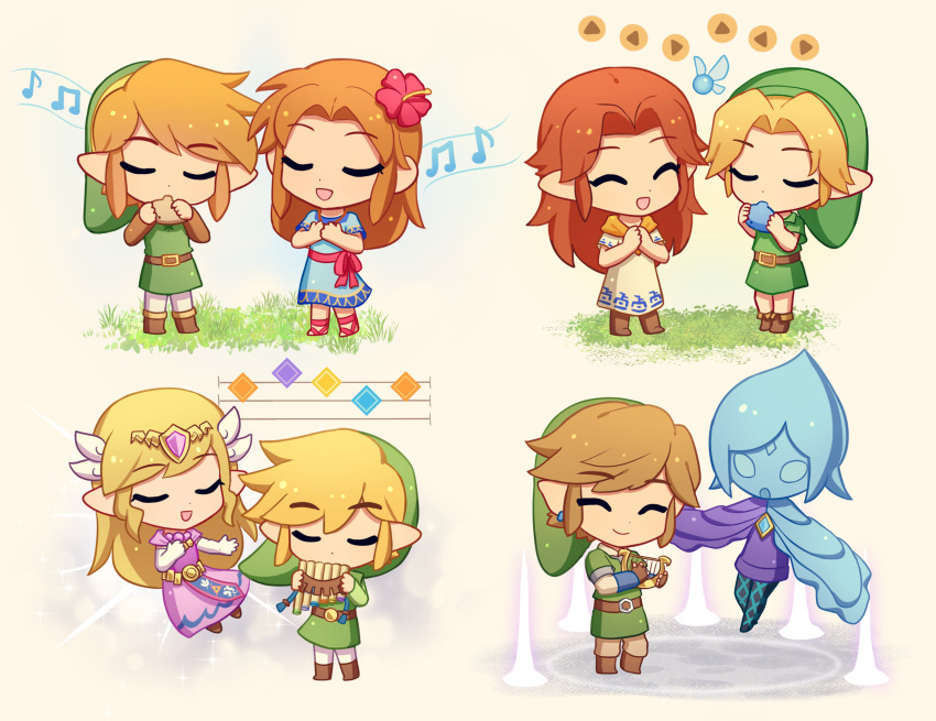 1boy, 4girls, ^_^, beamed_eighth_notes, belt, belt_buckle, blonde_hair, blue_dress, boots, brown_belt, brown_footwear, buckle, chibi, circlet, closed_eyes, closed_mouth, commentary, dress, earrings, eighth_note, elbow_gloves, english_commentary, enni, fairy, fi_(zelda), floating, flower, gloves, grass, green_headwear, green_tunic, hair_flower, hair_ornament, hands_up, harp, hat, highres, holding, holding_instrument, instrument, jewelry, light_brown_hair, link, long_hair, long_sleeves, malon, marin_(the_legend_of_zelda), multiple_girls, multiple_views, music, musical_note, navi, neckerchief, ocarina, open_mouth, orange_neckerchief, pan_flute, parted_bangs, pink_dress, playing_instrument, pointy_ears, princess_zelda, red_flower, red_ribbon, ribbon, sandals, short_hair, sidelocks, simple_background, singing, smile, staff_(music), standing, swept_bangs, the_legend_of_zelda, the_legend_of_zelda:_link's_awakening, the_legend_of_zelda:_ocarina_of_time, the_legend_of_zelda:_skyward_sword, the_legend_of_zelda:_spirit_tracks, the_legend_of_zelda:_the_wind_waker, toon_link, toon_zelda, tunic, white_dress, white_gloves, young_link