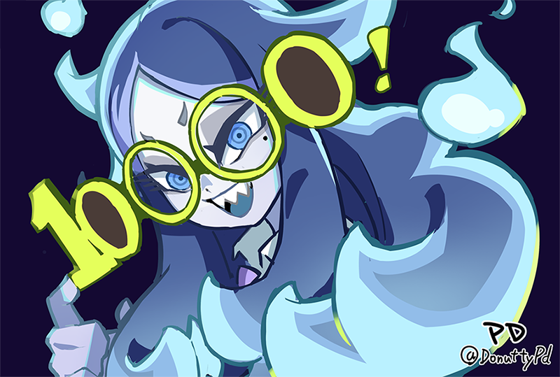 1girl, blue_eyes, blue_hair, colored_skin, donuttypd, ghost, ghost_girl, glasses