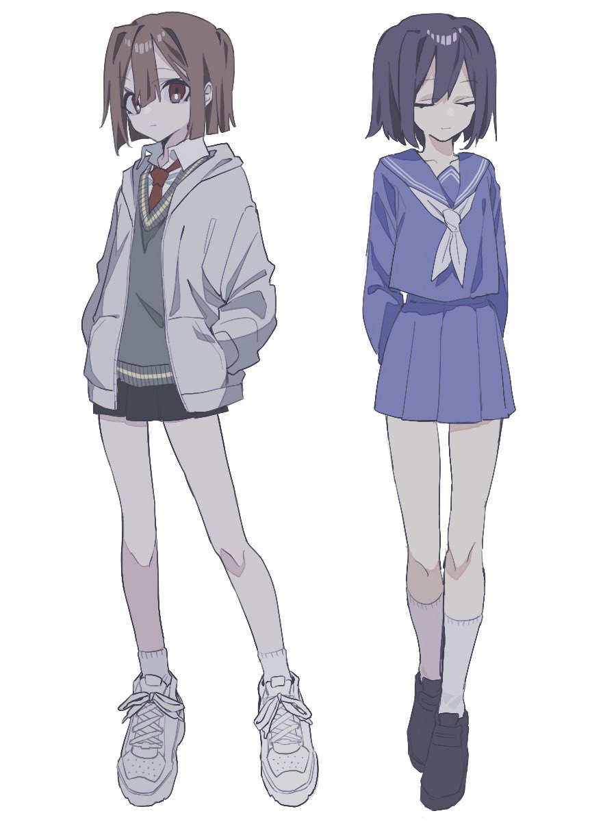 2others, black_footwear, black_skirt, blue_hair, blue_sailor_collar, blue_serafuku, blue_skirt, brown_eyes, brown_hair, chara_(undertale), closed_eyes, closed_mouth, collared_shirt, expressionless, frisk_(undertale), full_body, green_sweater_vest, grey_jacket, hair_between_eyes, highres, jacket, loafers, long_sleeves, looking_at_viewer, multiple_others, neckerchief, necktie, r_ego999, red_necktie, sailor_collar, school_uniform, serafuku, shirt, shoes, short_hair, simple_background, skirt, sneakers, sweater_vest, undertale, white_background, white_footwear, white_neckerchief, white_shirt