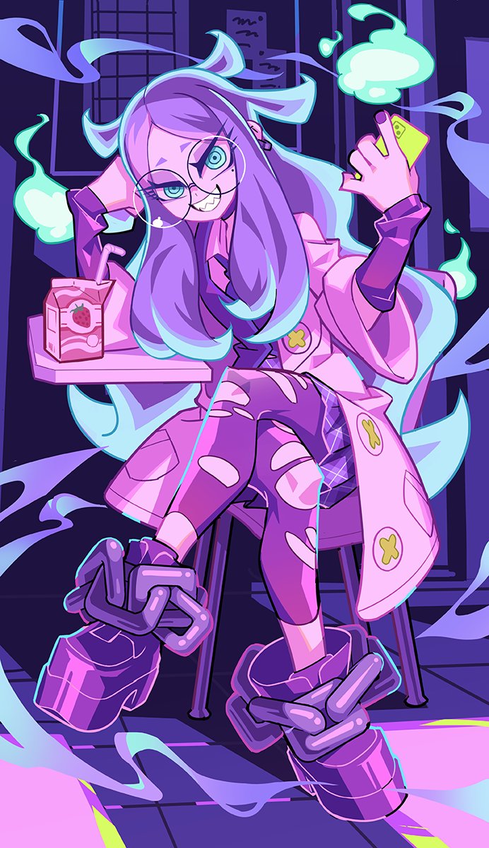 1girl, blue_eyes, blue_hair, boots, buttons, cellphone, chain, clenched_hand