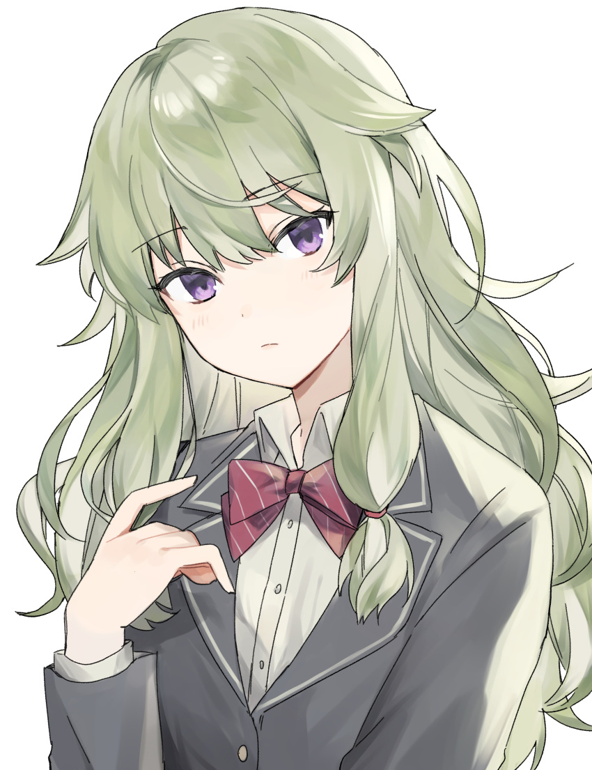 1girl, absurdres, blazer, blue_jacket, closed_mouth, commentary, diagonal-striped_bowtie, green_hair