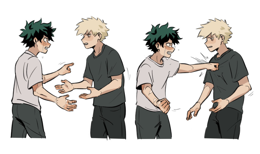2boys, bakugou_katsuki, blonde_hair, blush, boku_no_hero_academia, clenched_hand, commentary, cropped_legs