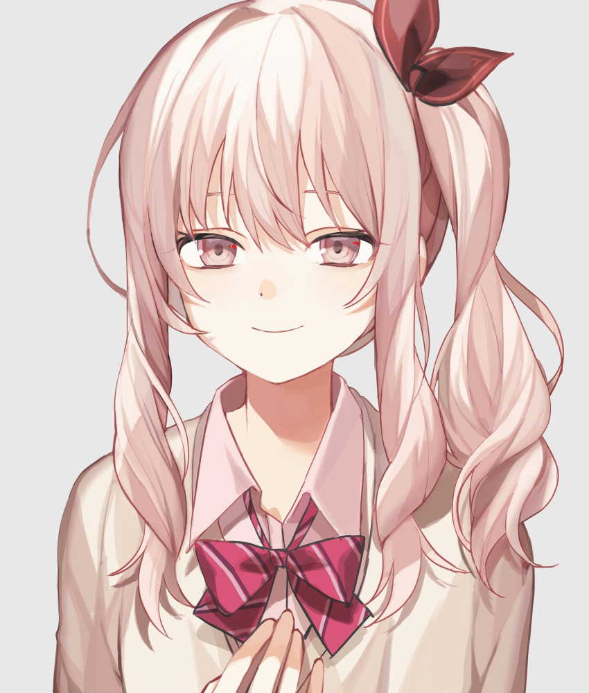 1other, akiyama_mizuki, bow, bowtie, cardigan, closed_mouth, collared_shirt, diagonal-striped_bowtie, grey_background, hair_bow, highres, kamiyama_high_school_uniform_(project_sekai), long_sleeves, looking_at_viewer, pink_bow, pink_bowtie, pink_cardigan, pink_eyes, pink_hair, pink_shirt, project_sekai, red_bow, sano_(ekk_fy), school_uniform, shirt, side_ponytail, sidelocks, simple_background, smile, upper_body