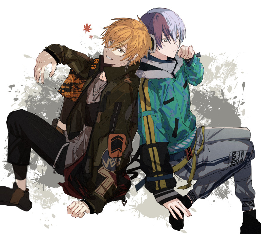 2boys, aoyagi_touya, back-to-back, bad_id, bad_twitter_id, black_pants, blue_hair, blue_jacket