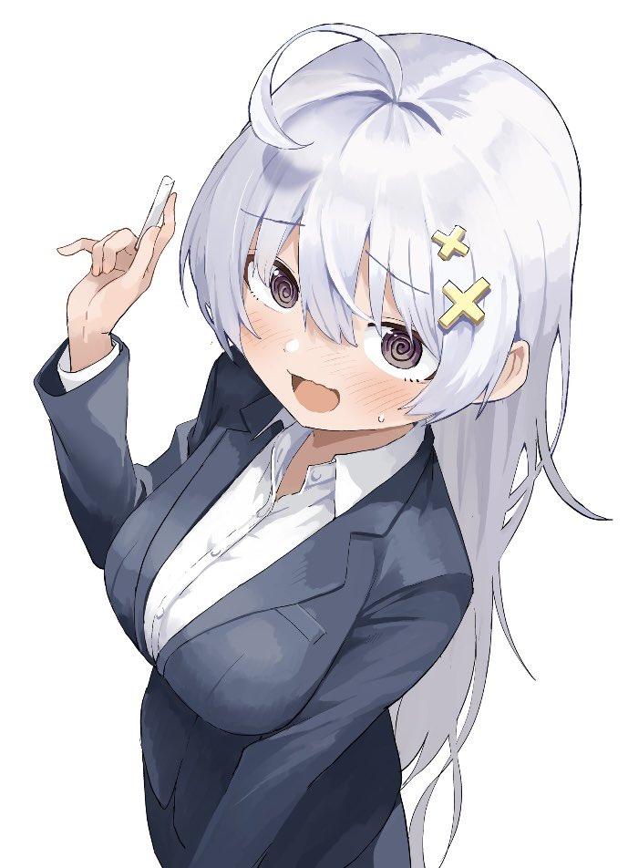 1girl, @_@, ahoge, aliasing, blush, chalk, collared_shirt, formal, from_above, hair_between_eyes, hiyori_uwamura, holding, holding_chalk, long_hair, long_sleeves, looking_at_viewer, nervous_smile, open_mouth, second-party_source, shirt, simple_background, smile, solo, suit, sweatdrop, teacher, violet_eyes, white_background, white_hair, white_shirt, yamamoto_souichirou, yowa_yowa_sensei