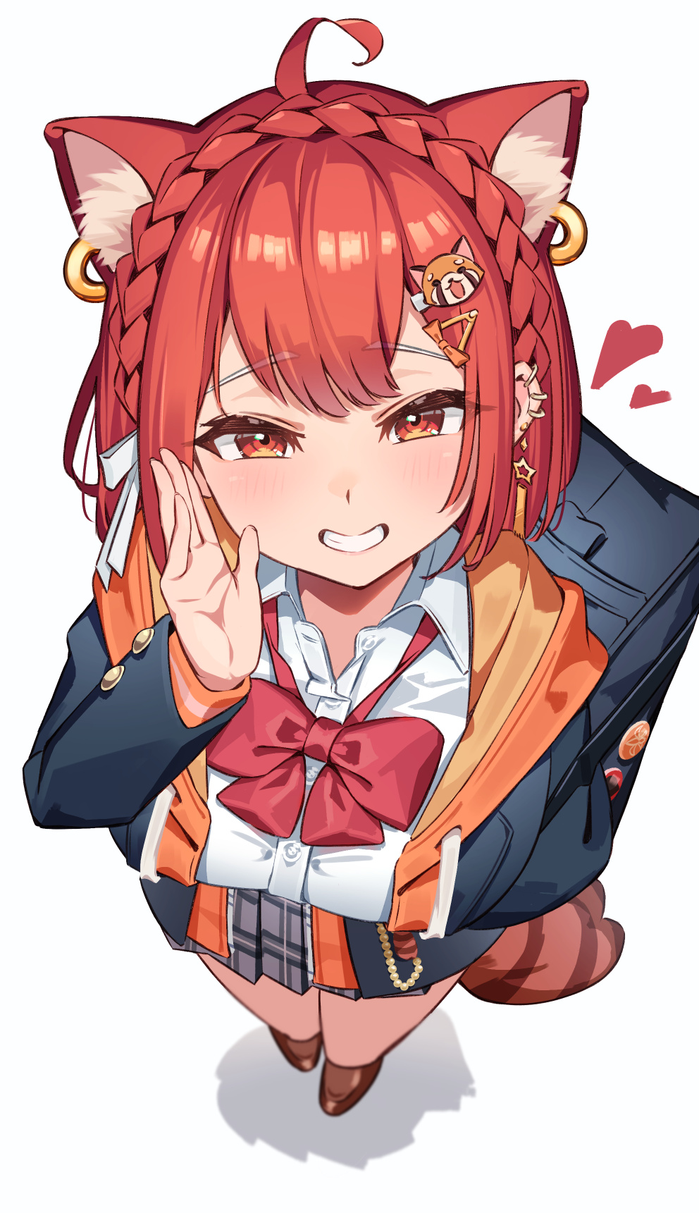 1girl, ahoge, animal_ear_fluff, animal_ears, animal_hair_ornament, bag, blush, bow, bowtie, braid, breasts, crown_braid, ear_piercing, extra_ears, from_above, grin, highres, jacket, jewelry, large_breasts, looking_at_viewer, loose_bowtie, medium_hair, nijisanji, orange_eyes, orange_hair, piercing, pleated_skirt, ratna_petit, red_bow, red_bowtie, red_panda_ears, red_panda_girl, red_panda_tail, school_bag, school_uniform, shin_toro, shirt, simple_background, skirt, smile, solo, striped_tail, tail, virtual_youtuber, white_background, white_shirt