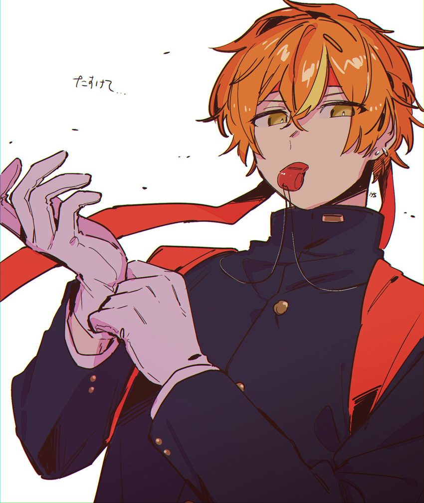 1boy, adjusting_clothes, adjusting_gloves, black_jacket, blonde_hair, gakuran, gloves, green_eyes, h!sa, hakunetsu!_kamikou_ouendan!_(project_sekai), headband, highres, jacket, looking_at_viewer, mouth_hold, multicolored_hair, orange_hair, project_sekai, red_headband, school_uniform, shinonome_akito, simple_background, solo, streaked_hair, upper_body, whistle, white_background, white_gloves