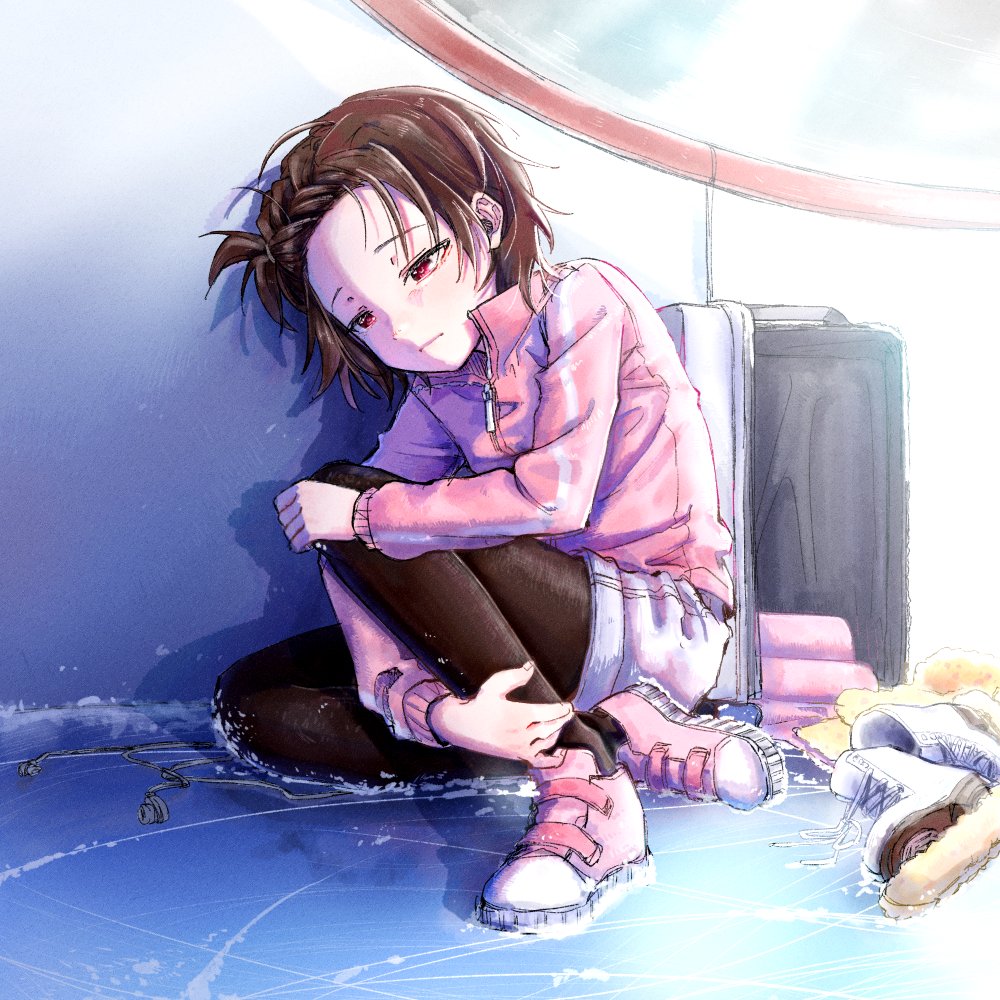 1girl, black_pantyhose, brown_hair, frown, full_body, ice, ice_skates, jacket