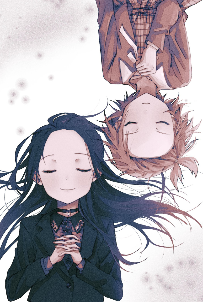 2girls, black_choker, black_hair, black_jacket, brown_hair, brown_jacket, choker, closed_eyes