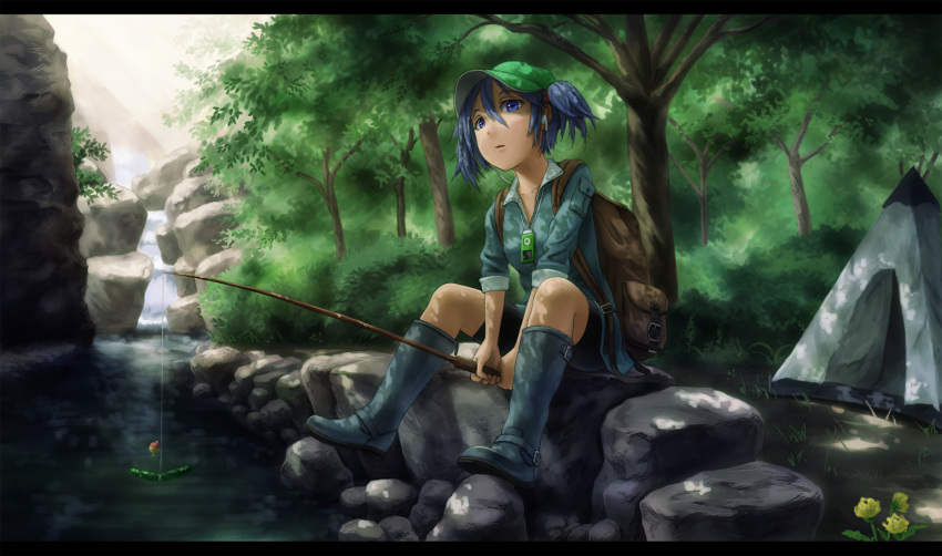 bad_id, bag, blue_eyes, blue_hair, boots, cucumber, digital_media_player, earphones