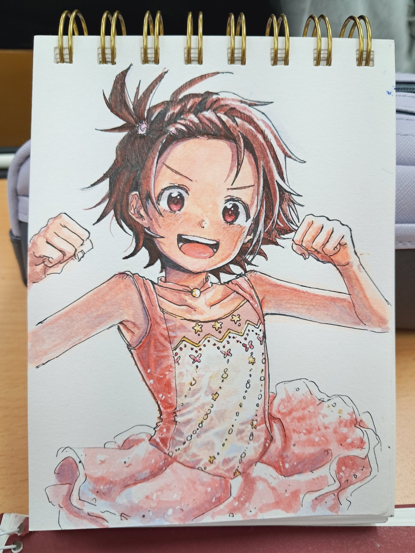 1girl, bare_shoulders, blush, brown_hair, clenched_hands, collarbone, dress, figure_skating_dress