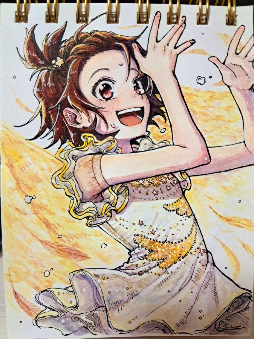 1girl, bare_shoulders, blush, brown_hair, dress, feathers, figure_skating_dress, hands_up