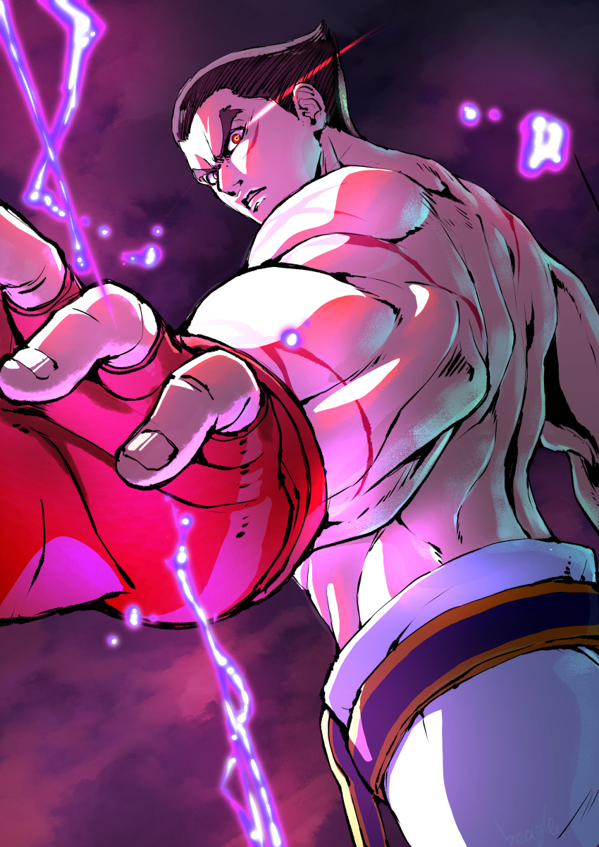 1boy, absurdres, battle_scarred, black_hair, cowboy_shot, fighting_stance, fingerless_gloves, furrowed_brow