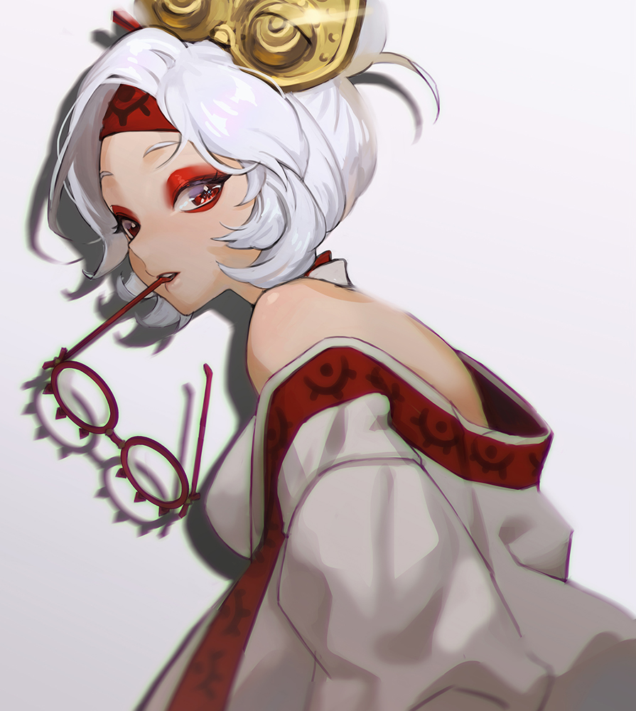 1girl, aged_up, backless_outfit, breasts, eyewear_in_mouth, eyewear_on_head, eyewear_removed, glasses
