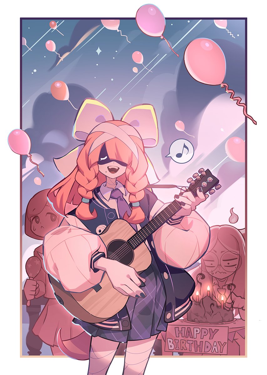 3girls, arm_up, balloon, bandaged_head, bandaged_leg, bandaged_neck, bandages, border