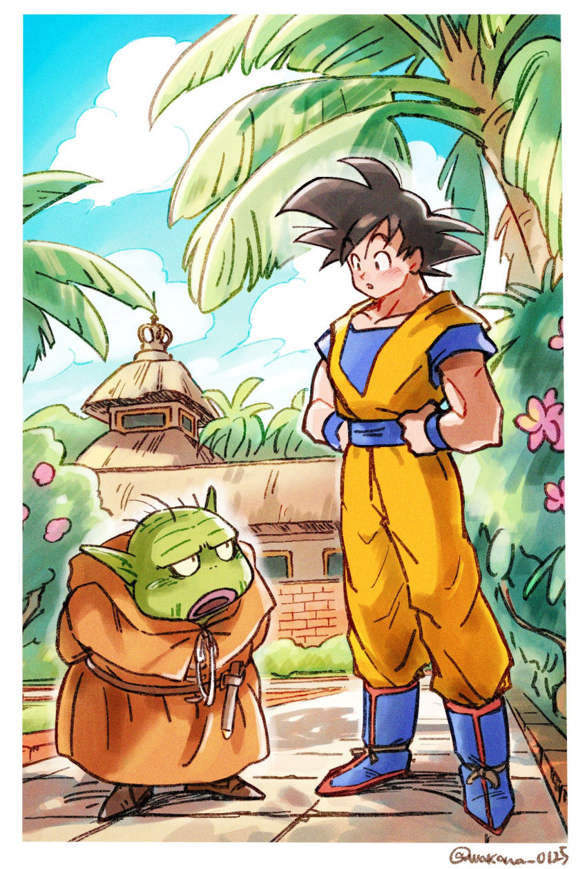 2boys, black_eyes, black_hair, boots, clouds, crossover, dougi, dragon_ball