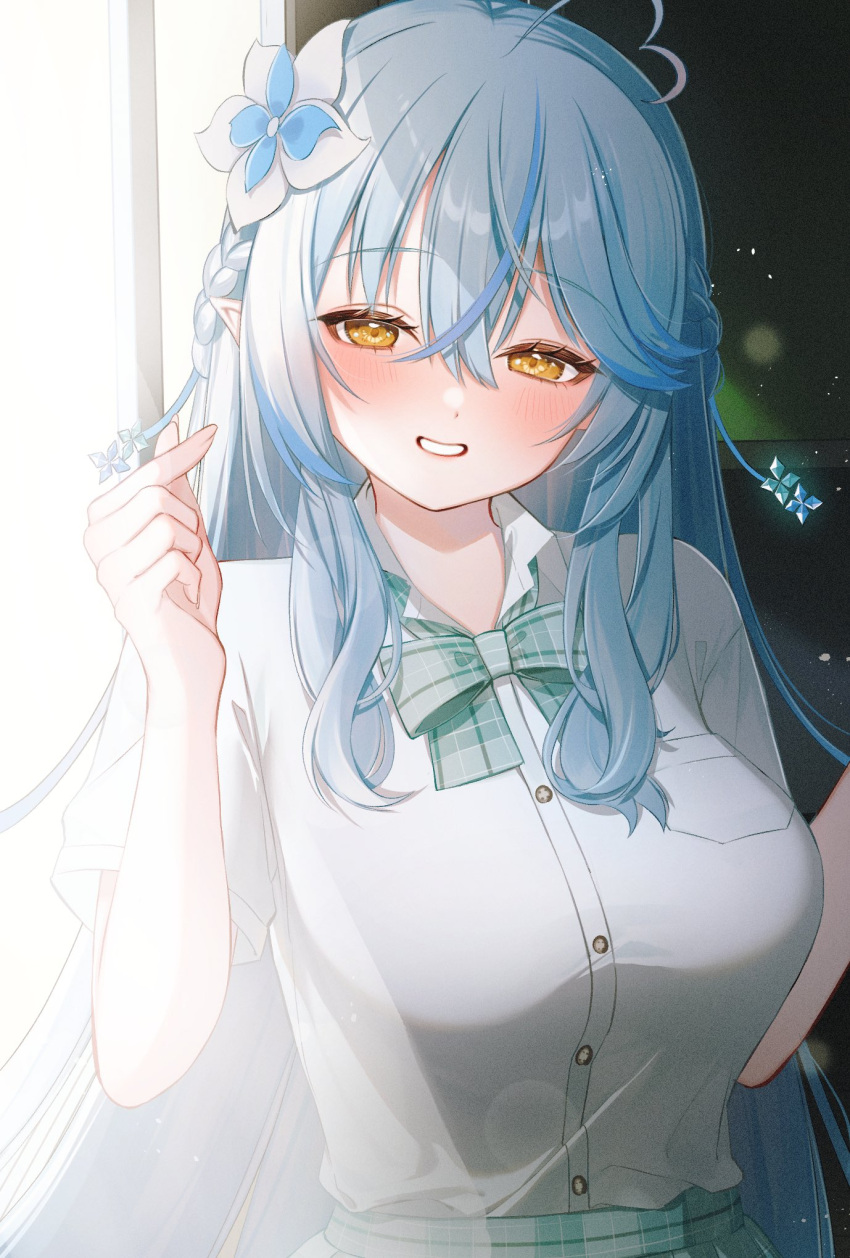 ahoge, aogami_high_school_uniform, blue_hair, blush, bow, braid, breasts, chalkboard