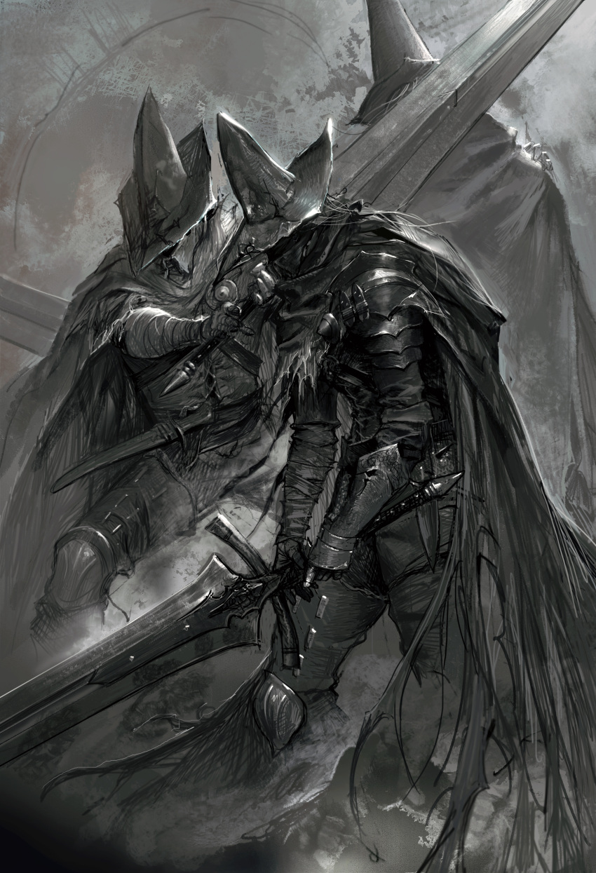 3boys, absurdres, abyss_watcher, armor, cape, covered_eyes, dagger, dark_souls_(series)