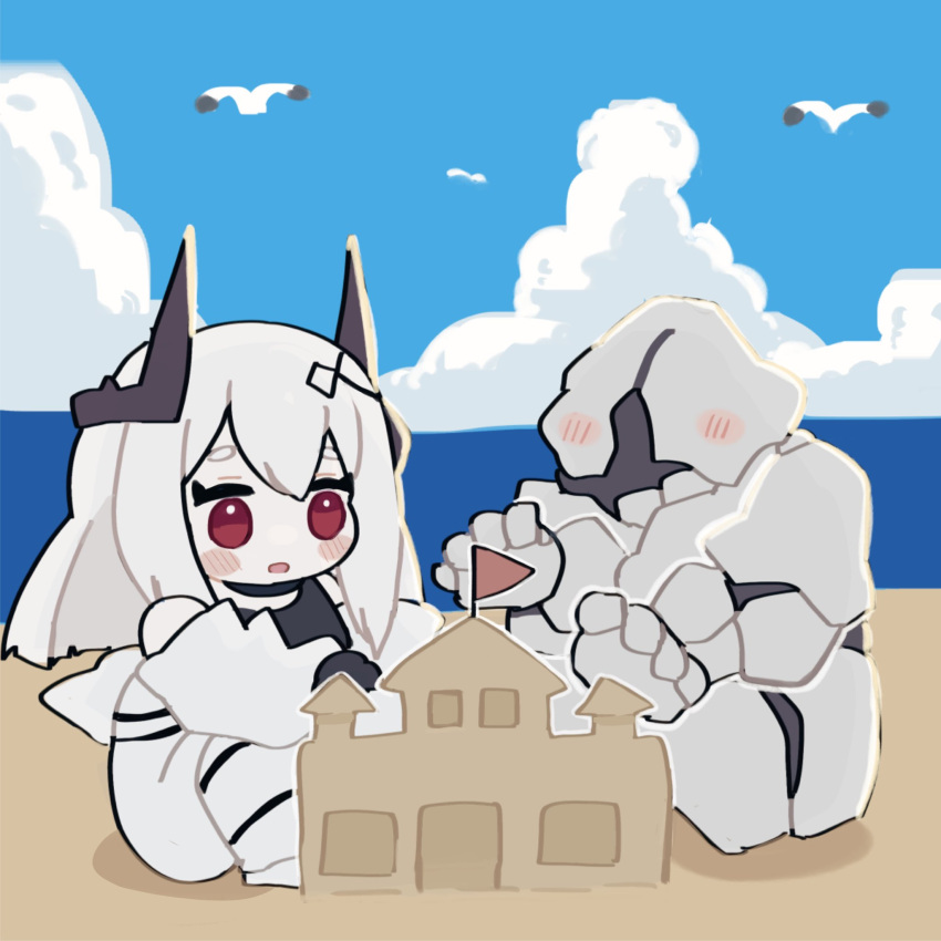 1girl, 1other, :o, arknights, beach, bird, black_choker, black_gloves
