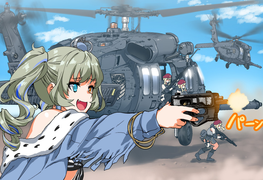 2girls, aircraft, bandeau, beret, blonde_hair, blue_eyes, boots, exhaust