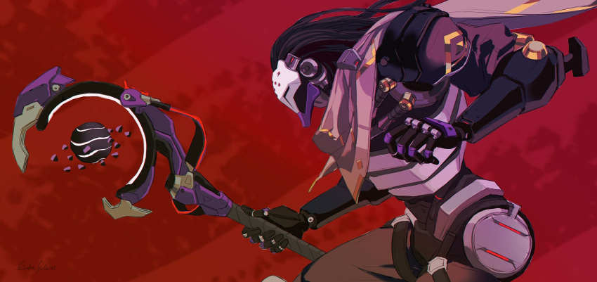 1boy, cyborg, duke_kleist, highres, holding, holding_staff, holding_weapon, male_focus
