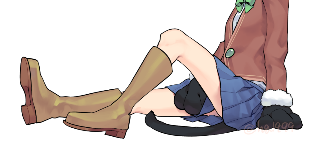 1girl, animal_hands, blazer, blue_skirt, boots, bow, bowtie, brown_jacket