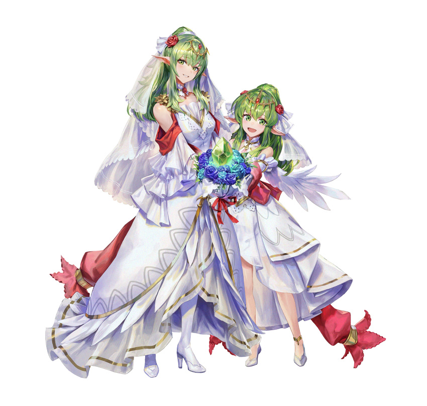 2girls, bare_shoulders, blue_flower, bouquet, breasts, bridal_legwear, bridal_veil, choker