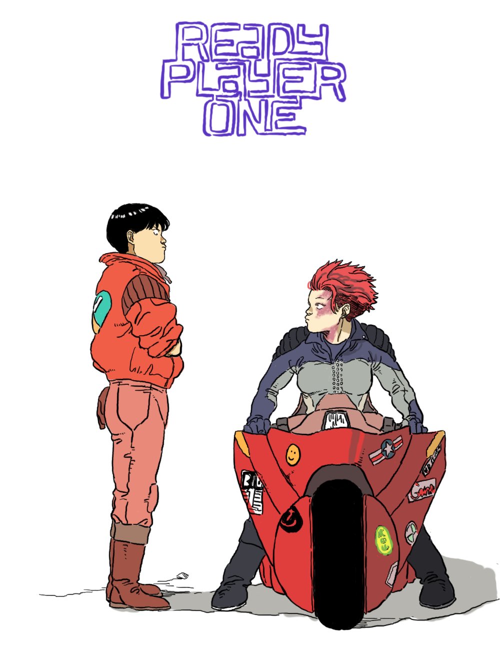 1boy, 1girl, akira, art3mis, black_hair, breasts, crossover, highres, jacket, kaneda_shoutarou's_bike, kaneda_shoutarou_(akira), motor_vehicle, motorcycle, pants, ready_player_one, red_jacket, red_pants, redhead, simple_background, tora0820, white_background