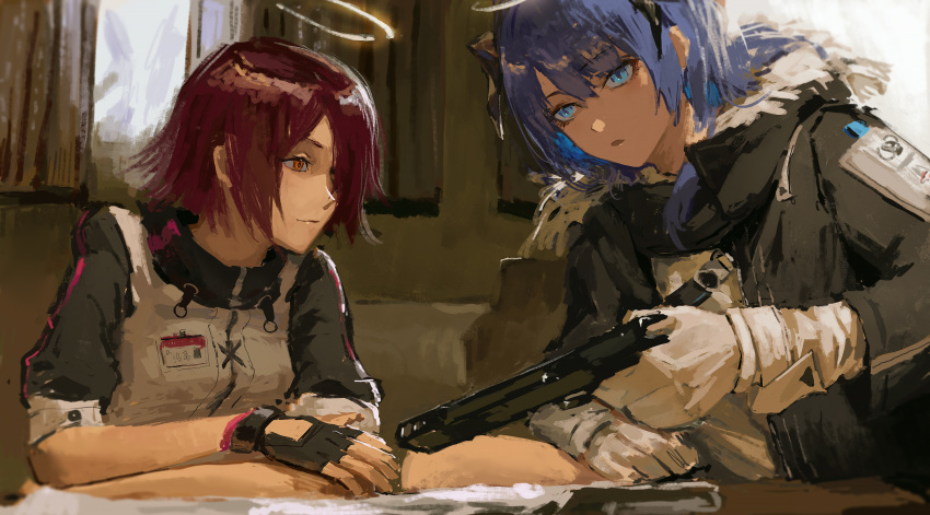 2girls, arknights, black_gloves, black_jacket, blue_eyes, blue_hair, closed_mouth, exusiai_(arknights)