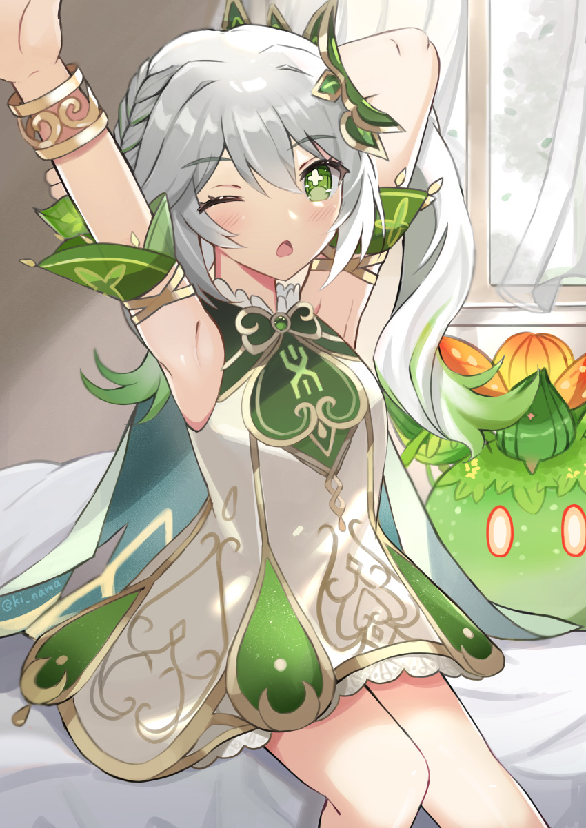 1girl, ;o, absurdres, arm_behind_back, arm_up, armpits, bed, bed_sheet, bedroom, bloomers, blurry, bracelet, braid, cape, commentary_request, crown_braid, curtains, depth_of_field, detached_sleeves, dress, genshin_impact, green_cape, hair_between_eyes, hair_ornament, highres, indoors, jewelry, knees_together_feet_apart, leaf_hair_ornament, long_hair, looking_at_viewer, nahida_(genshin_impact), namakisama, one_eye_closed, pointy_ears, short_dress, short_sleeves, side_ponytail, sidelocks, single_braid, sitting, slime_(genshin_impact), stretching, underwear, waking_up, white_bloomers, white_dress, window, yawning