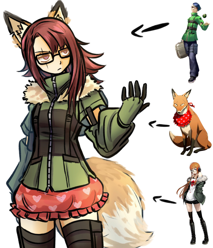 1girl, absurdres, animal_ears, black_thighhighs, chimerism, closed_mouth, english_commentary, fox_ears