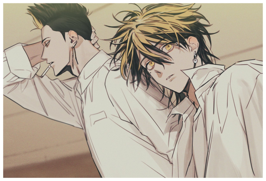 100dnch, 2boys, arm_up, bell, black_hair, blonde_hair, border, cigarette