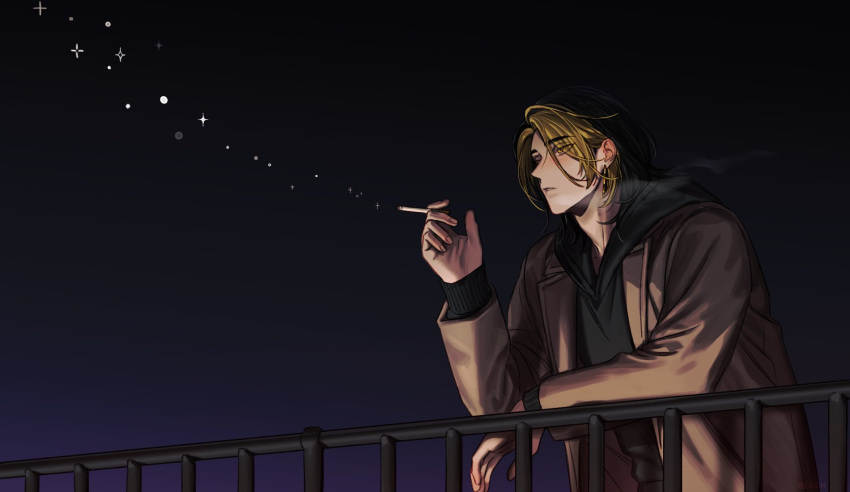100dnch, 1boy, black_hair, black_jacket, blonde_hair, brown_jacket, cigarette, cowboy_shot