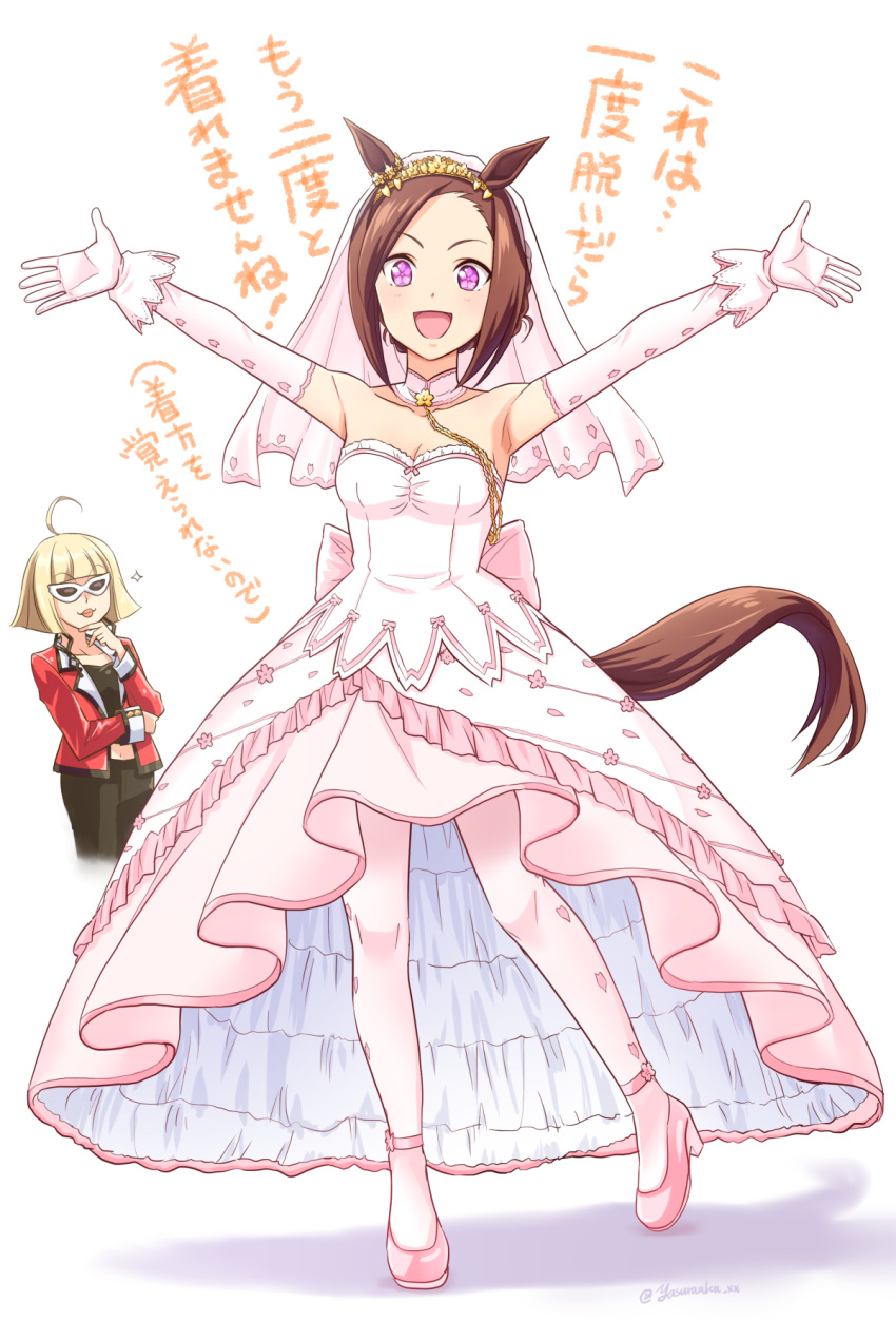 animal_ears, beauty_anshinzawa, breasts, brown_hair, ear_ornament, flower_in_eye, gloves, highres