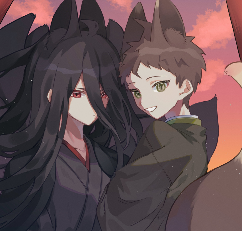 2boys, absurdres, ahoge, alternate_costume, animal_ears, black_hair, brown_eyes, brown_hair