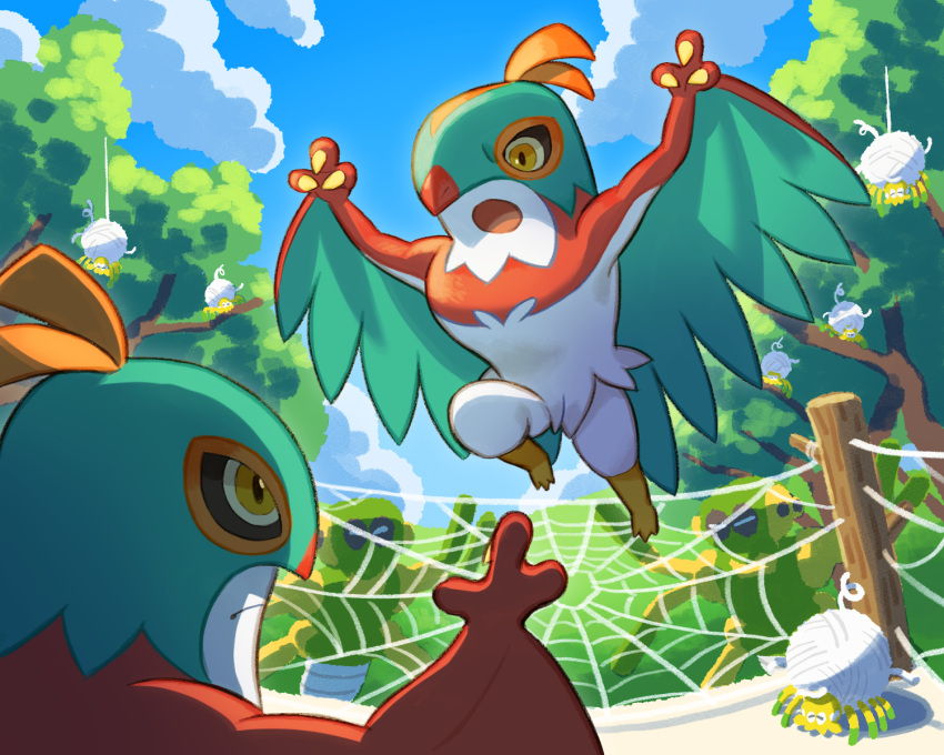 claws, closed_mouth, clouds, commentary_request, day, frown, hawlucha, highres
