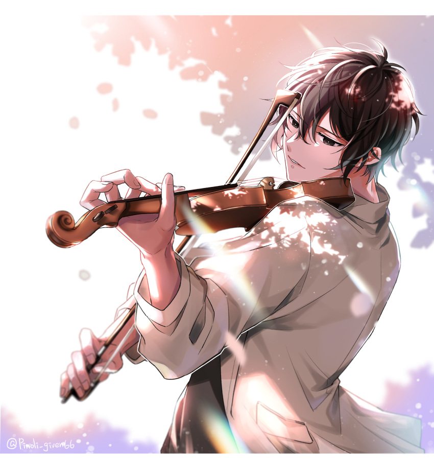 1boy, absurdres, black_eyes, black_hair, cardigan, curly_hair, given, grey_cardigan