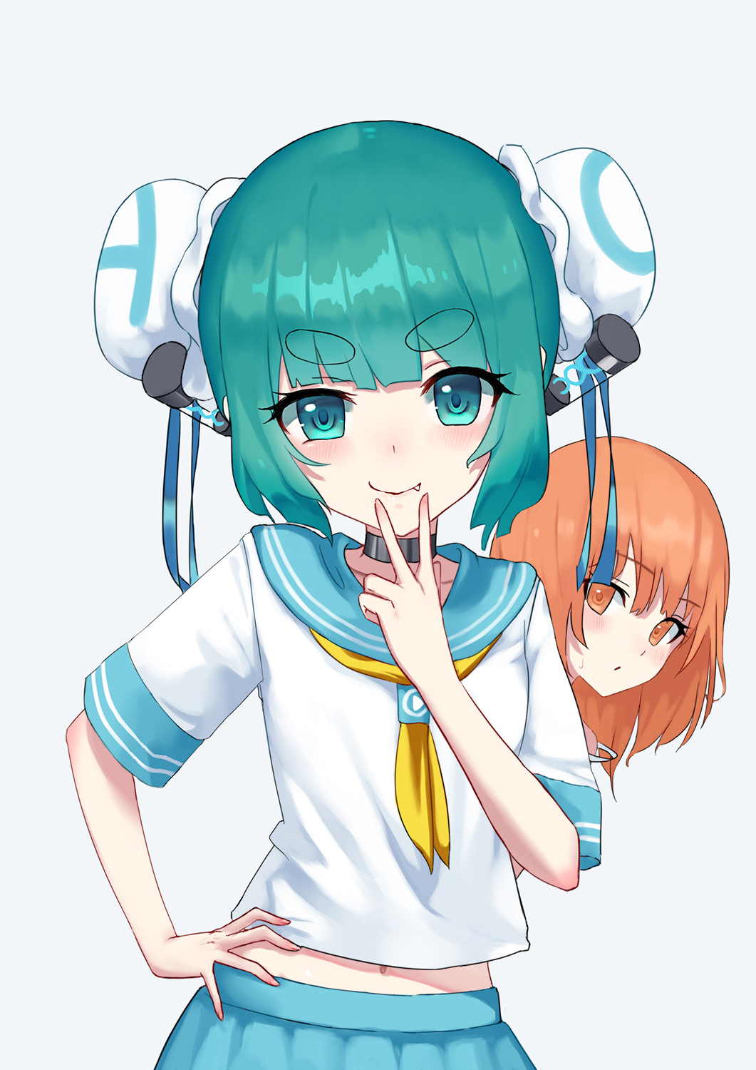2girls, :/, acfun, acfun_girl, acfun_girl_(cosplay), black_choker, blue_ribbon, blush, bun_cover, can't_be_this_cute, chaowei_suzhi, choker, closed_mouth, cosplay, double_bun, fang, fang_out, green_eyes, green_hair, green_sailor_collar, green_skirt, hair_bun, hair_ribbon, hand_on_own_hip, hand_to_own_mouth, highres, looking_at_another, looking_at_viewer, midriff, multiple_girls, navel, neckerchief, orange_eyes, orange_hair, ore_no_imouto_ga_konna_ni_kawaii_wake_ga_nai, parody, pleated_skirt, reed_girl, ribbon, sailor_collar, school_uniform, serafuku, short_eyebrows, short_hair, short_sleeves, skirt, smile, sweat, third-party_source, upper_body, v, white_background, white_serafuku, yellow_neckerchief