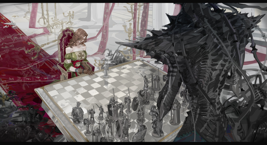 absurdres, armor, bare_shoulders, bearer_of_the_curse, brown_gloves, brown_hair, chessboard, dark_souls_(series)