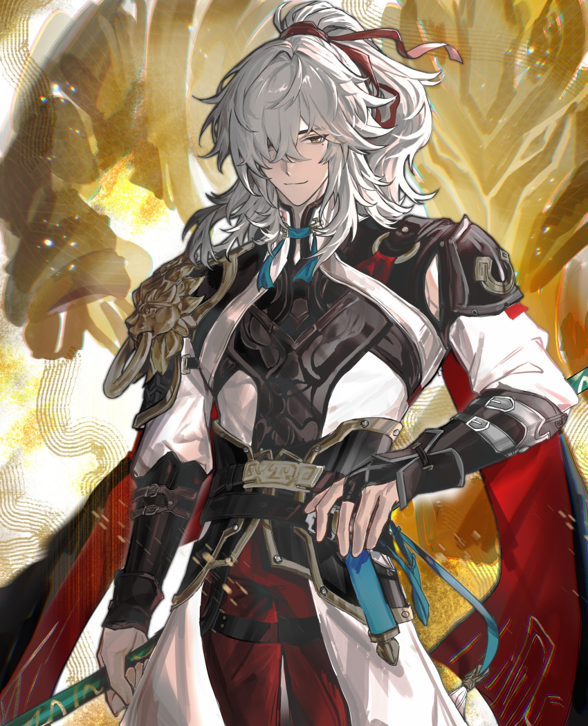 1boy, absurdres, armor, black_cape, blue_ribbon, bridal_gauntlets, brown_eyes, cape