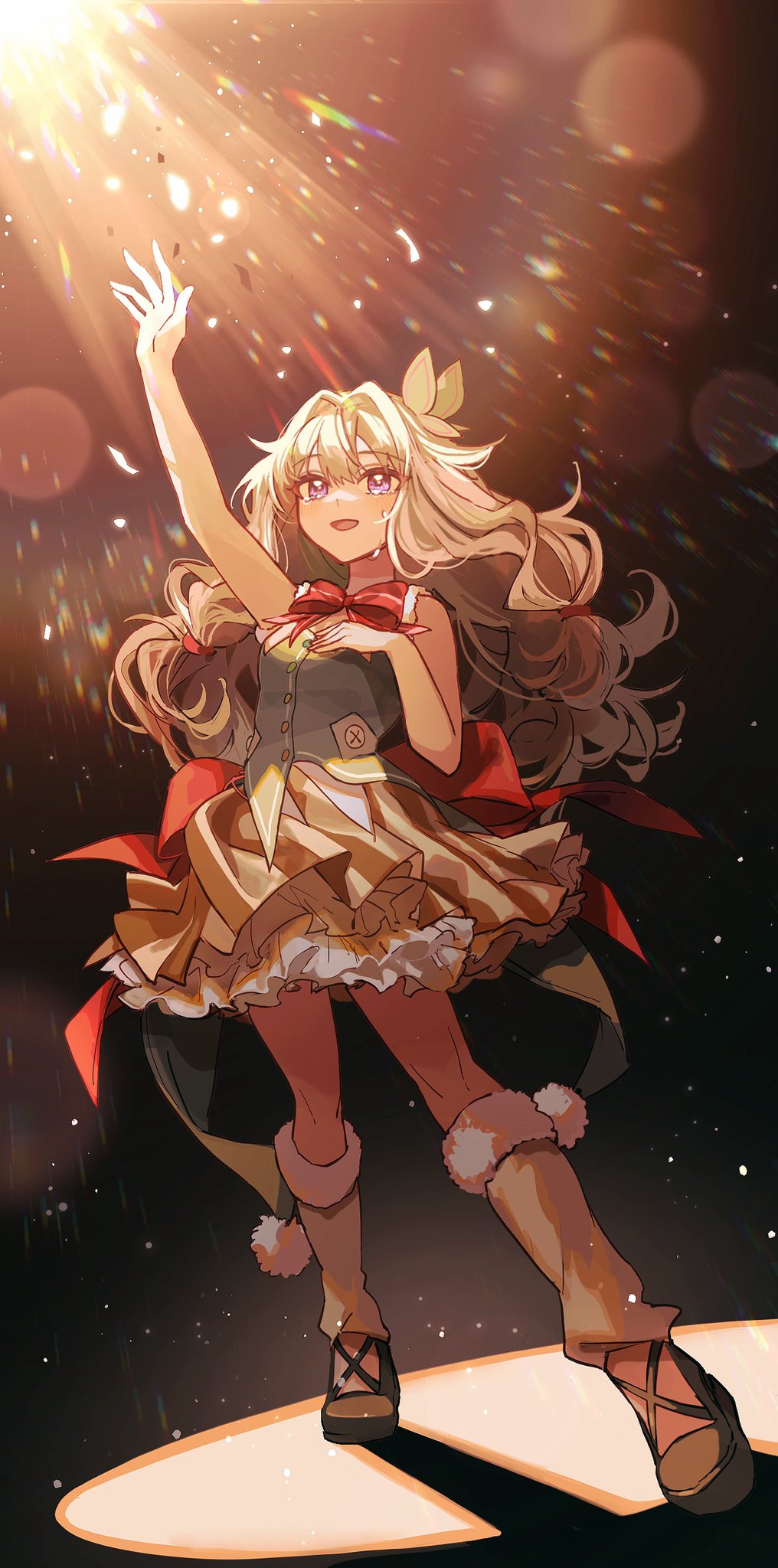 1girl, arm_up, back_bow, bow, bowtie, butterfly_hair_ornament, dress, frilled_dress