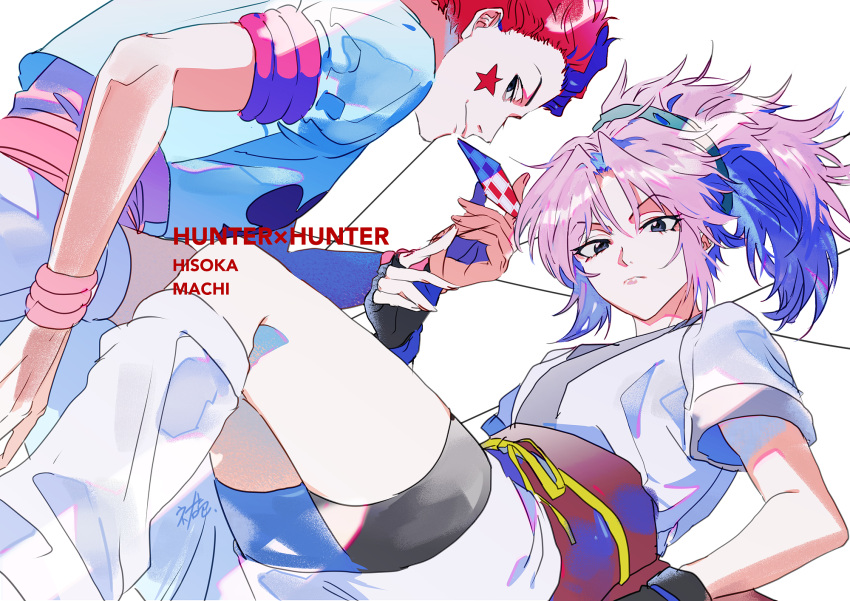 1boy, 1girl, blue_eyes, card, character_name, facepaint, facial_mark, fingerless_gloves