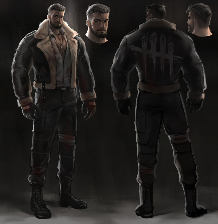 1boy, absurdres, back, bandaged_leg, bandages, beard, black_gloves, black_hair