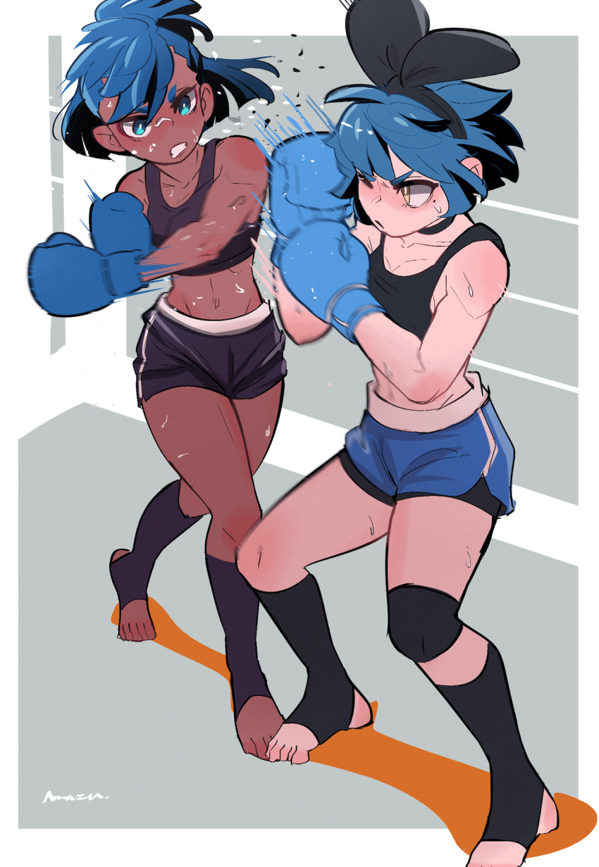 2girls, amazu_(kurozu), aoi_(amazu), blue_gloves, blue_hair, boxing_gloves, dark-skinned_female, dark_skin