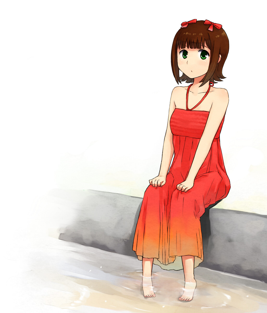 barefoot, dress, feet_in_water, foot_in_water, highres, himetsuba, idolmaster, sitting, soaking_feet, water
